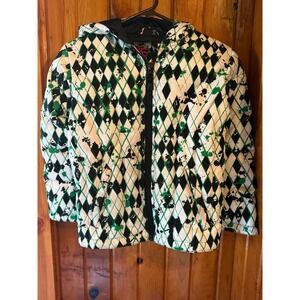 CastleX Girls Puffer Jacket Hooded Size S Green Black White Diamond Pattern Coat